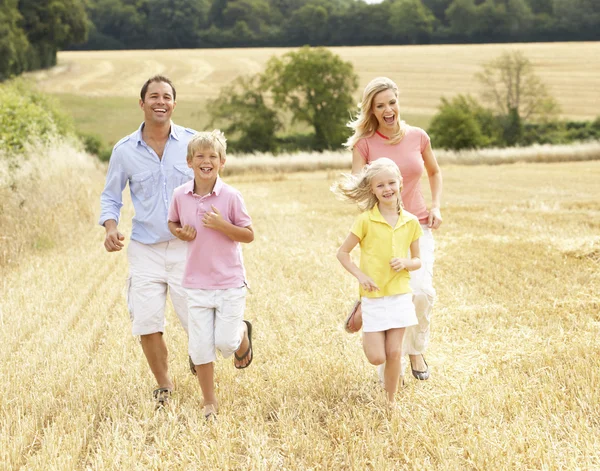 Família correndo juntos através do campo colhido no verão — Fotografia de Stock