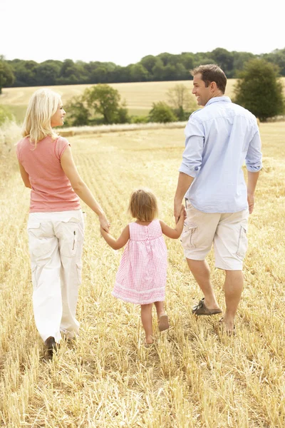 Famille marchant ensemble à travers le champ récolté en été — Photo