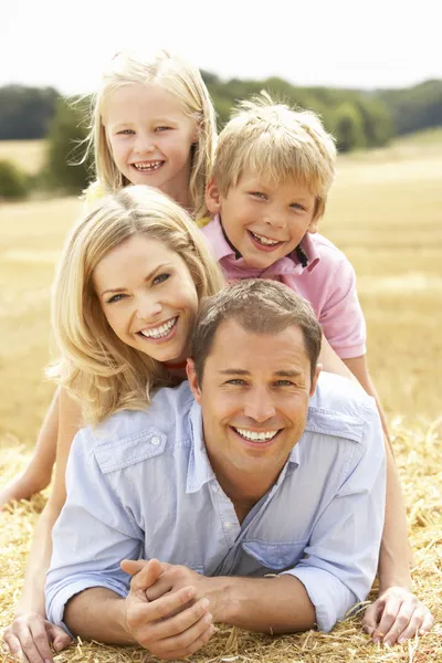 Family Relaxing Summer Harvested Field — Stock Photo, Image