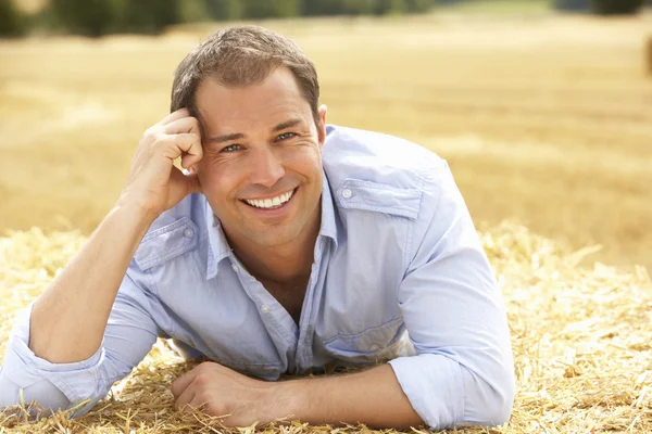 Portrait Man Laying Summer Harvested Field — Stock Photo, Image