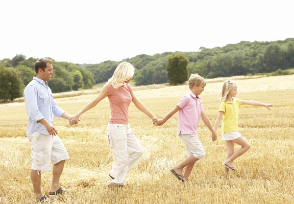 Family Walking Together Summer Harvested Field — Stock Photo, Image