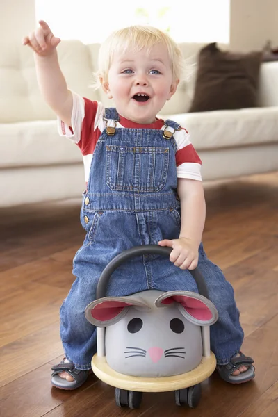 Young Boy Playing Ride Toy Mouse Home — Stock Photo, Image
