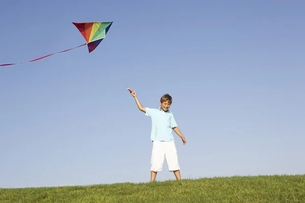 Jonge Jongen Vormt Met Kite Een Veld — Stockfoto