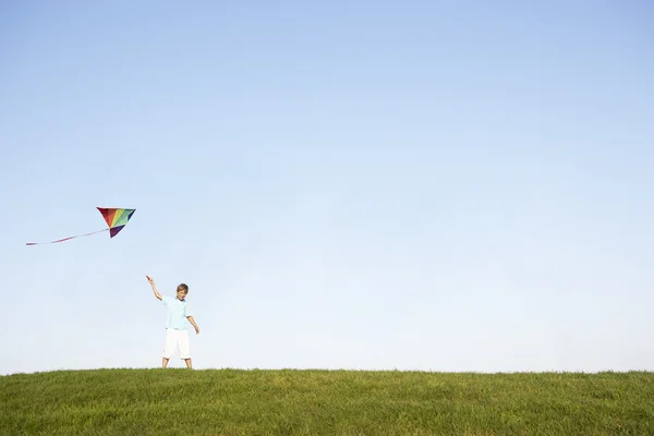 Young Boy Flying Kite Field — Stock Photo, Image