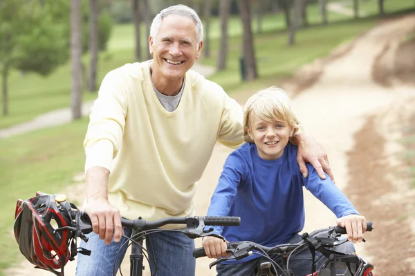 Grandfather Grandson Riding Bicycle Park — Stock Photo, Image