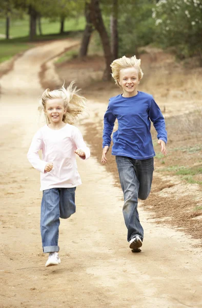 Two Children Running Park — Stock Photo, Image