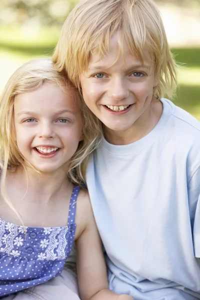 Broer en zus pose in een park Stockfoto