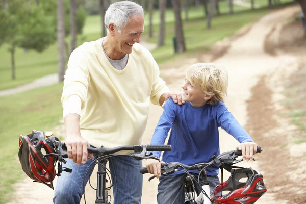 Grandfather and grandson riding bicycle in park Royalty Free Stock Photos