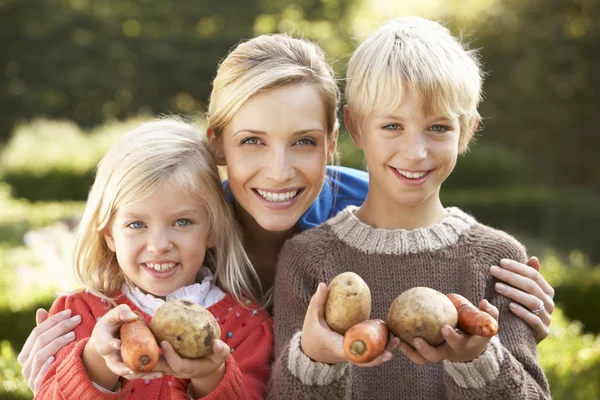 Madre joven y los niños en la pose de jardín con verduras — Foto de Stock