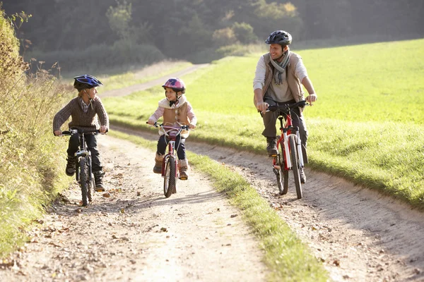 Młody ojciec dzieci jeździć na rowerach w parku — Zdjęcie stockowe