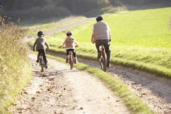 Jeune père avec des enfants faire du vélo dans le parc Images De Stock Libres De Droits