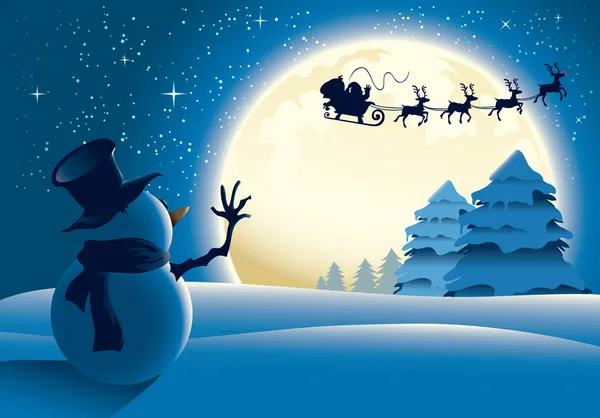 Lonely Snowman Waving to Santa Sleigh — Stock Vector