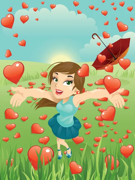 Valentine fille et coeurs pluie — Image vectorielle