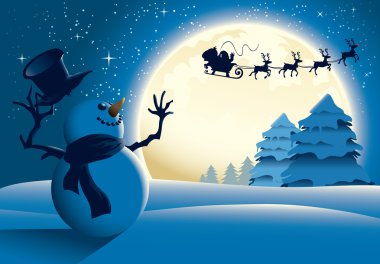 Lonely Snowman Waving to Santa Sleigh clipart