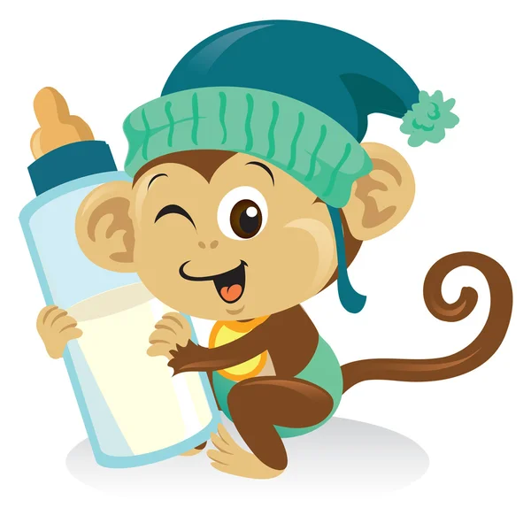 Bebé mono con botella de leche — Vector de stock
