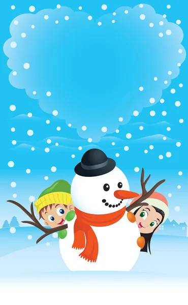 Coppia pupazzo di neve con bambini — Vettoriale Stock