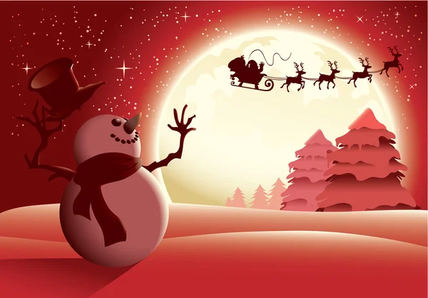 Noel Baba kırmızı sürüme sallayarak kardan adam — Stok Vektör
