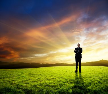Young businessman on green field and sunset