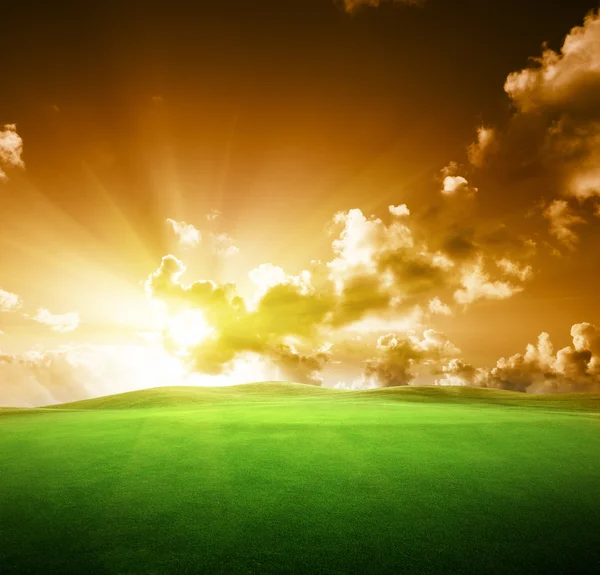 Feld von Gras und perfektem Himmel bei Sonnenuntergang — Stockfoto