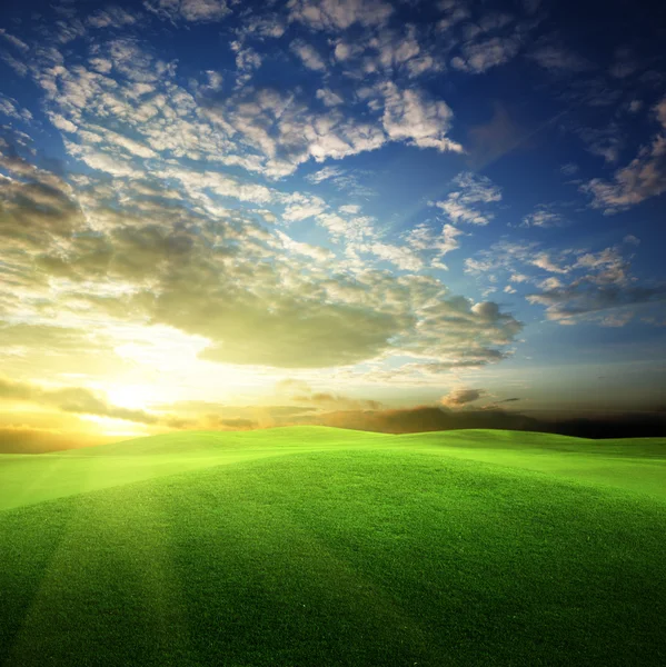 Campo de hierba y cielo perfecto al atardecer — Foto de Stock