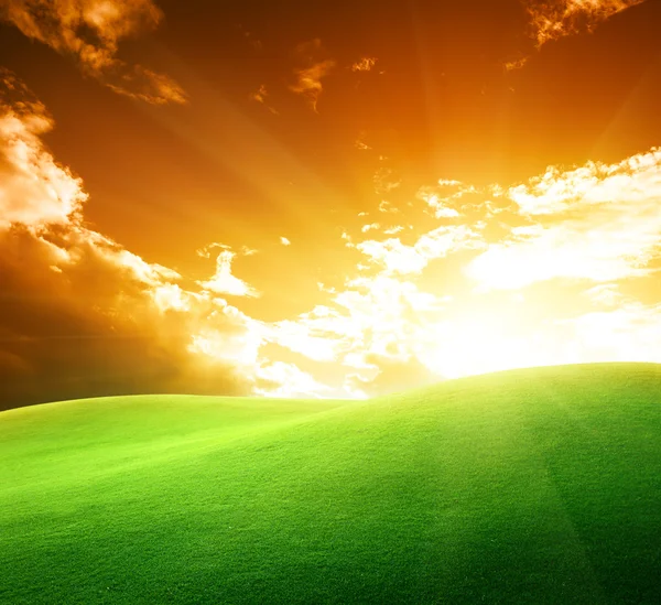 สนามหญ้าและท้องฟ้าพระอาทิตย์ตกที่สมบูรณ์แบบ — ภาพถ่ายสต็อก