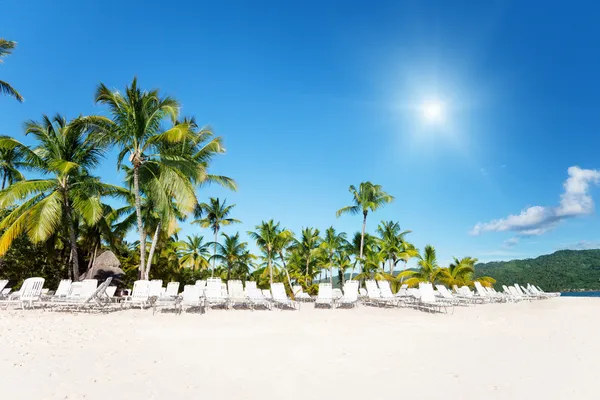 Пляжні стільці на ідеальному тропічному білому піску — стокове фото