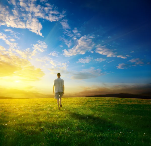 One man and field of spring grass — Stock Photo, Image