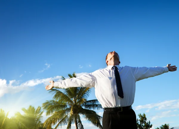 Happy young businessman and sunset Stock Photo