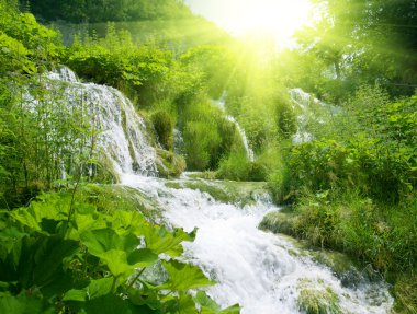 Waterfall in deep forest clipart