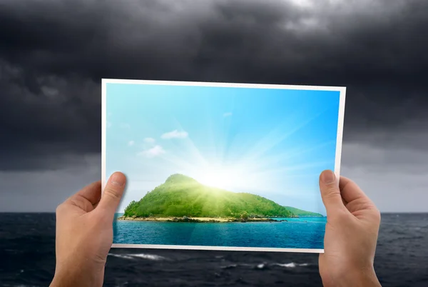 Stormy Weather Photo Tropical Island Hands — Stock Photo, Image