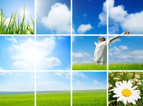 Collage Fotos Verano Yang Hombre Están Taiking Energía Naturaleza — Foto de Stock