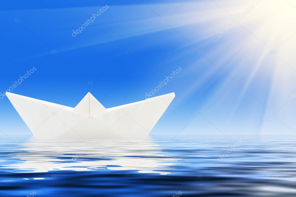 Concept paper ship in water and sunny blue sky