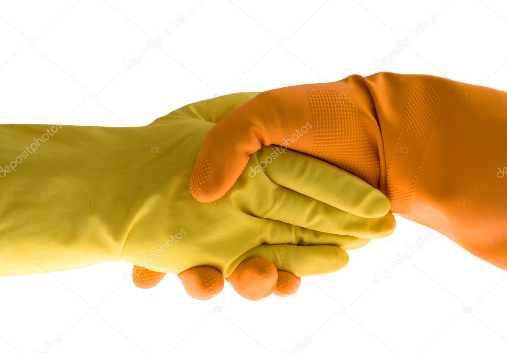 Handshake, gloves and protect, isolated white