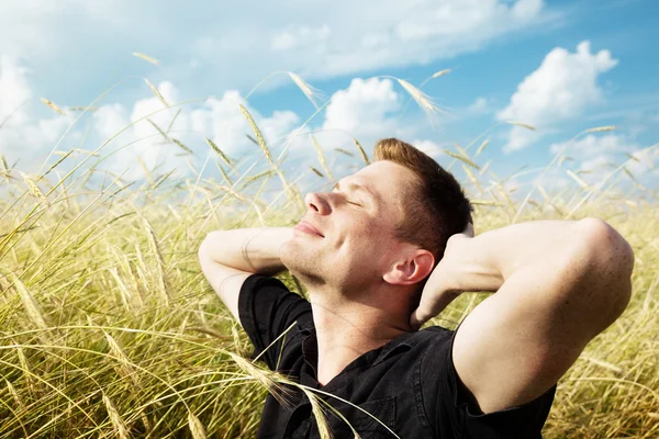 Genç adam buğday tarlasında dinleniyor. — Stok fotoğraf