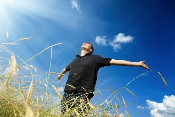 Šťastný mladý muž odpočinku na pšeničné pole — Stock fotografie