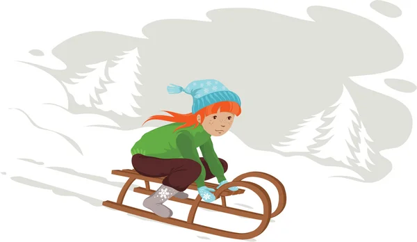 红发女孩雪橇在雪中。矢量 — 图库矢量图片