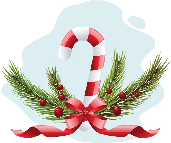 Caña de caramelo de Navidad, cinta, árbol de Navidad y bayas de acebo — Archivo Imágenes Vectoriales