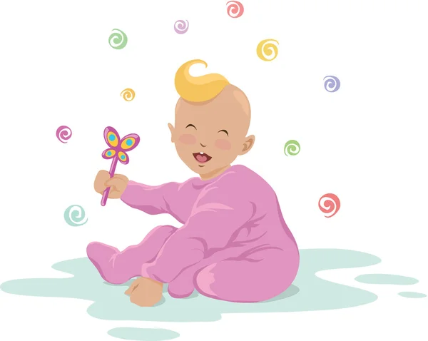 Симпатичный смеющийся ребенок с игрушкой в руках — стоковый вектор