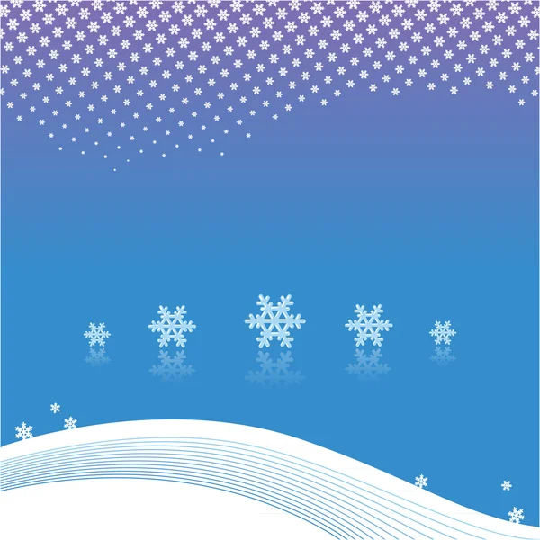 Flocos de neve em fundo azul, curvas brancas — Vetor de Stock