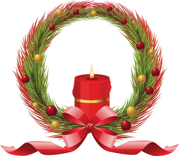 Christmas wreath with candle, ribbon, xmas tree branches and holly berries — Stockvector