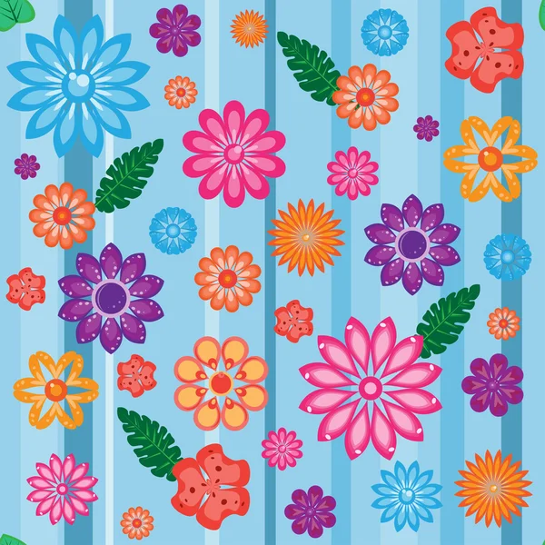 青色の背景にカラフルな花シームレスなパターン — ストックベクタ
