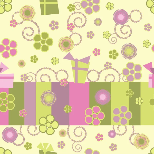 无缝模式与礼物和鲜花 — 图库矢量图片