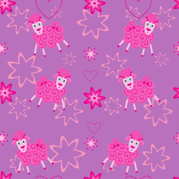 Seamless Pattern Cute Sheep Violet Background — Stockvector