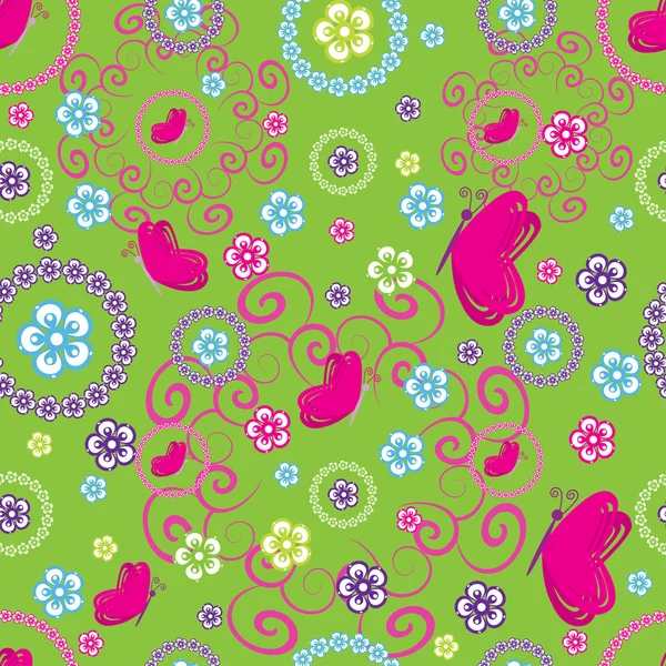 Nahtloses Muster mit Blumen und Schmetterlingen auf grünem Hintergrund — Stockvektor