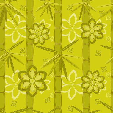 Seamless pattern with green bamboo and flowers clipart