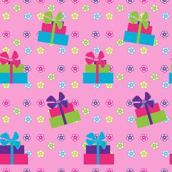 Seamless Pattern Flowers Gifts Pink Background — Stock Vector