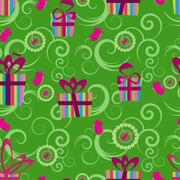 Nahtloses Muster Mit Geschenken Auf Grünem Hintergrund — Stockvektor