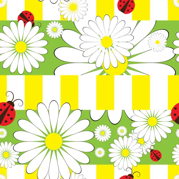 Ladybirds and chamomile seamless pattern — Stock Vector
