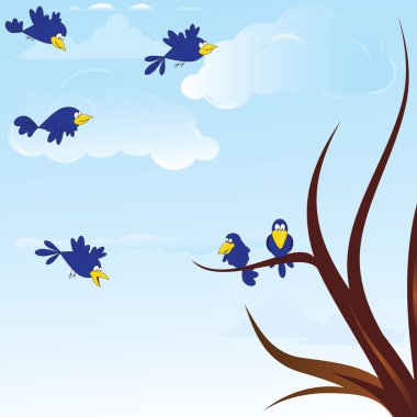 Cute birds are flying near brown tree. Vector illustration. clipart