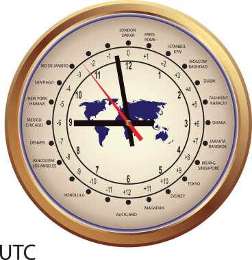 Gold clock with time zones clipart